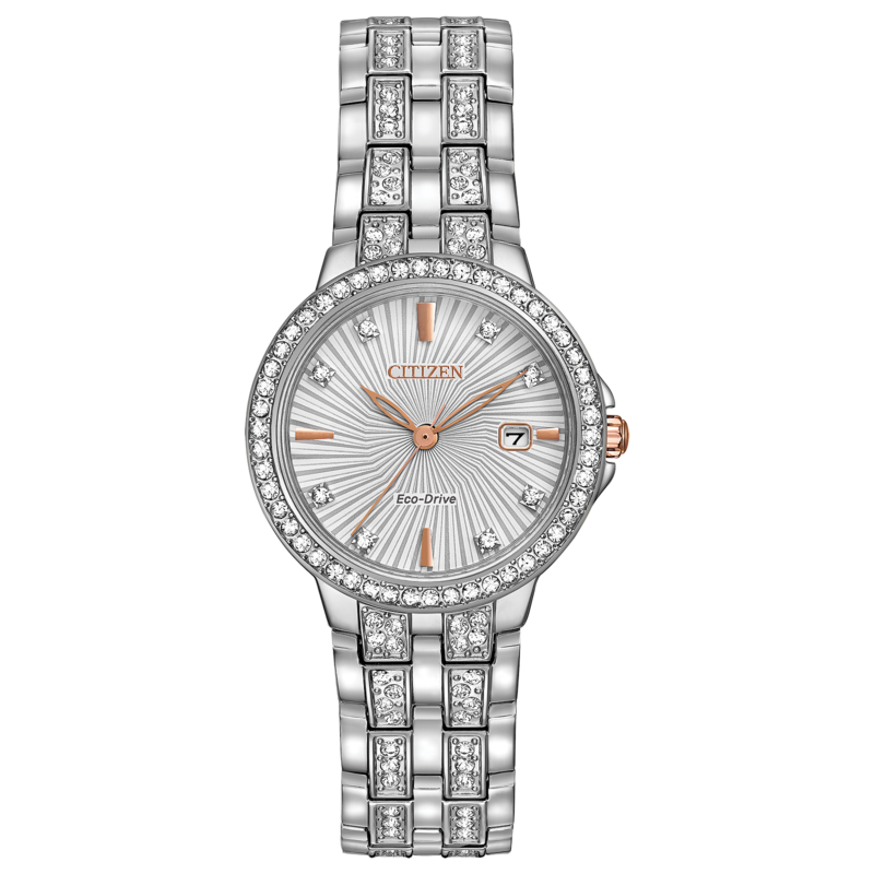 LADIES CITIZEN ECO DRIVE STAINLESS STEEL CASE AND BRACELET STRAP WITH CRYSTALS AND SILVER TONE DIAL