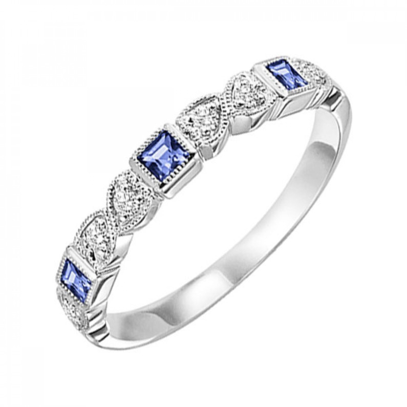 10K WHITE GOLD MILGRAIN STACKABLE RING SIZE 7 WITH 3=0.20TW PRINCESS BLUE SAPPHIRES AND 6=0.08TW ROUND H-I I1 DIAMONDS