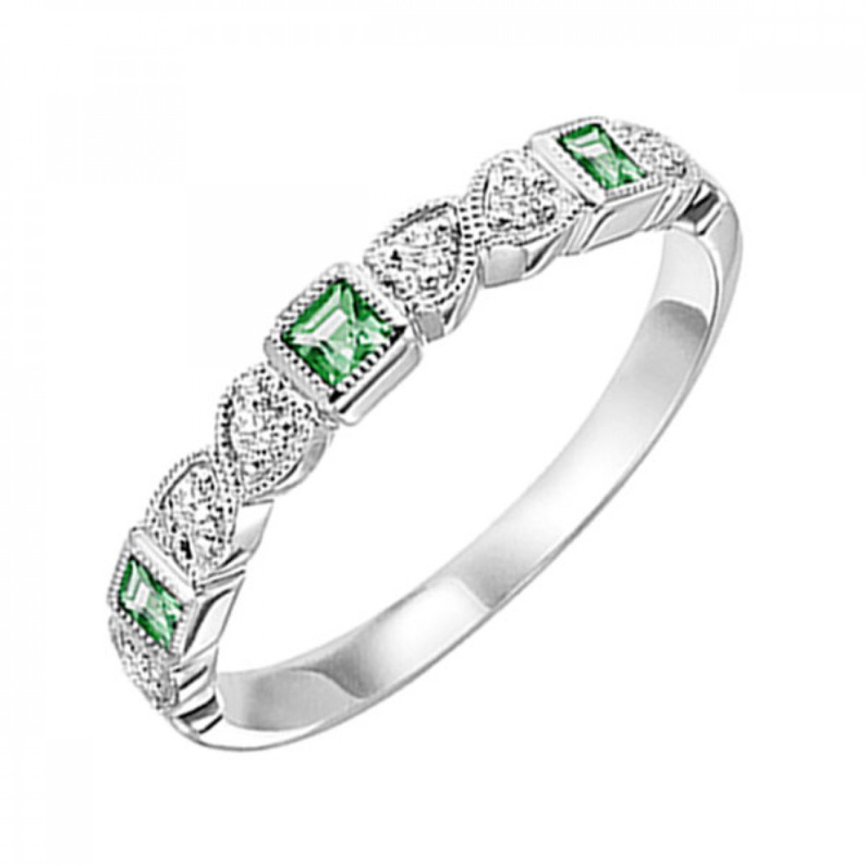 10K WHITE GOLD STACKABLE RING SIZE 7 WITH 6=0.10TW ROUND I I1 DIAMONDS AND 3=0.10TW PRINCESS EMERALDS  (1.44 GRAMS)