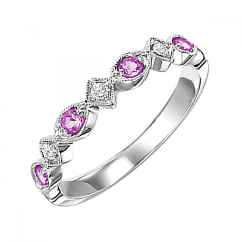 10K WHITE GOLD STACKABLE RING SIZE 7 WITH 4=0.17TW ROUND PINK SAPPHIRES AND 3=0.05TW ROUND H-I I1 DIAMONDS  (1.60 GRAMS)