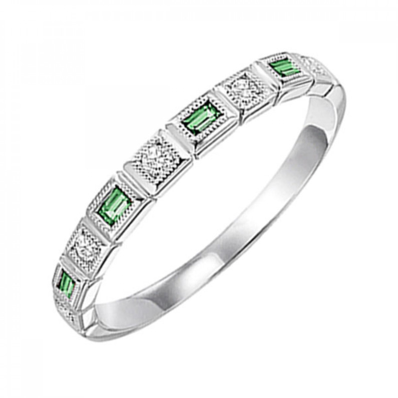 10K WHITE GOLD MILGRAIN STACKABLE RING SIZE 7 WITH 4=0.13TW BAGUETTE EMERALDS AND 5=0.10TW ROUND H-I I1 DIAMONDS