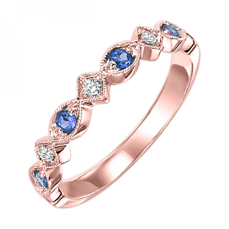 10K ROSE GOLD STACKABLE RING SIZE 7 WITH 4=0.20TW ROUND SAPPHIRES AND 3=0.05TW ROUND I I1 DIAMONDS