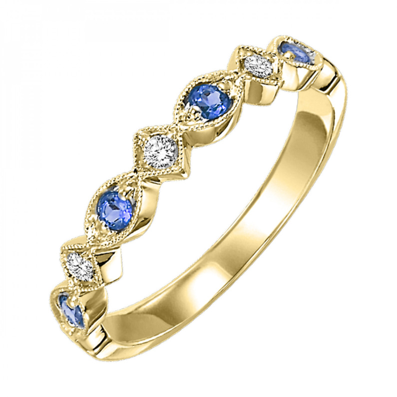 10K YELLOW GOLD STACKABLE RING SIZE 7 WITH 4=0.16TW ROUND SAPPHIRES AND 3=0.05TW ROUND H-I I1 DIAMONDS