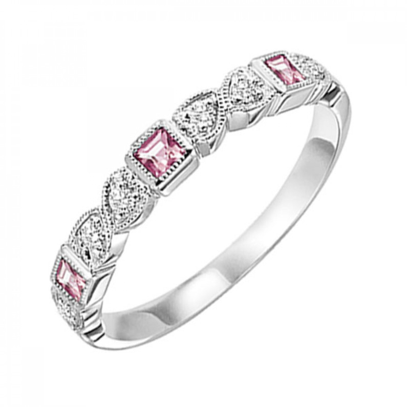 10K WHITE GOLD STACKABLE RING SIZE 7 WITH 3=0.16TW PRINCESS PINK TOURMALINES AND 6=0.10TW ROUND I I1 DIAMONDS   (1.61 GRAMS)