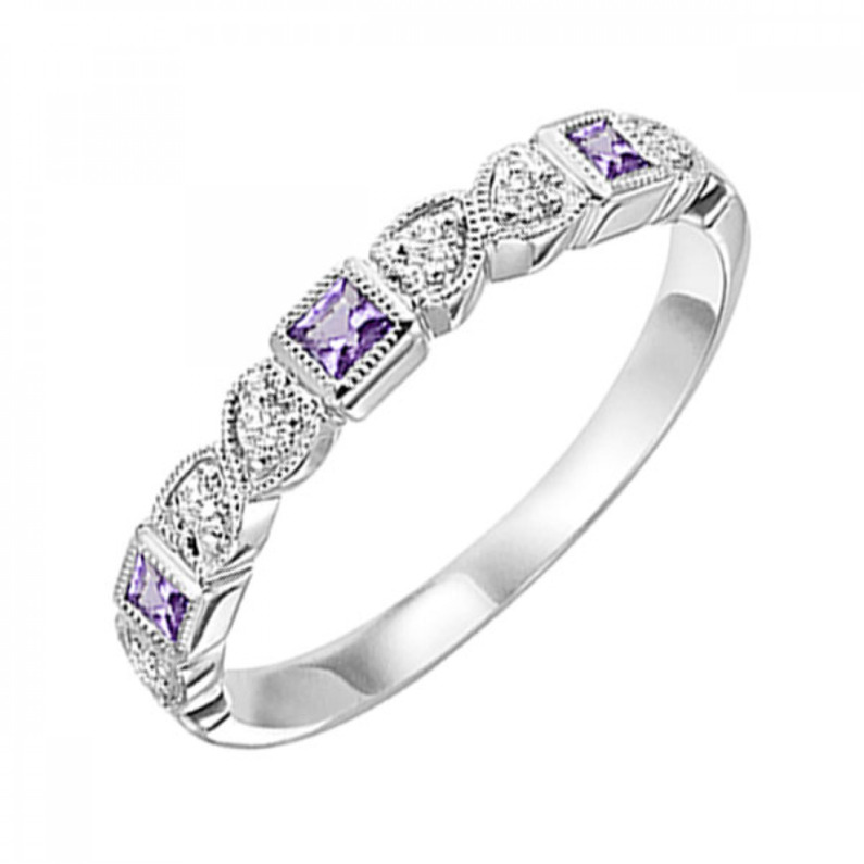 10K WHITE GOLD MILGRAIN STACKABLE RING SIZE 7 WITH 3=0.16TW PRINCESS AMETHYSTS AND 6=0.08TW ROUND H-I I1 DIAMONDS