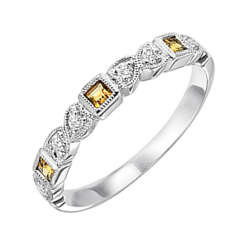 10 KARAT WHITE GOLD STACKABLE RING SIZE 10 WITH 3=0.14TW PRINCESS CITRINES AND 6=0.10TW ROUND I COLOR I1 CLARITY DIAMONDS