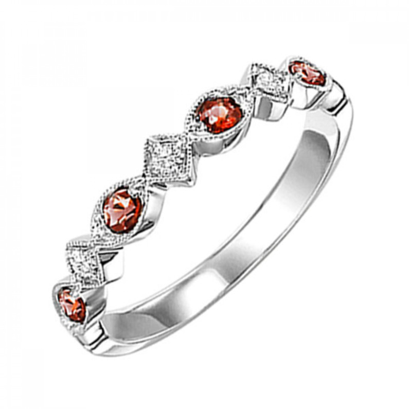 10K WHITE GOLD MILGRAIN STACKABLE RING SIZE 7 WITH 4=0.17TW ROUND GARNETS AND 3=0.05TW ROUND H-I I1 DIAMONDS  (1.45 GRAMS)