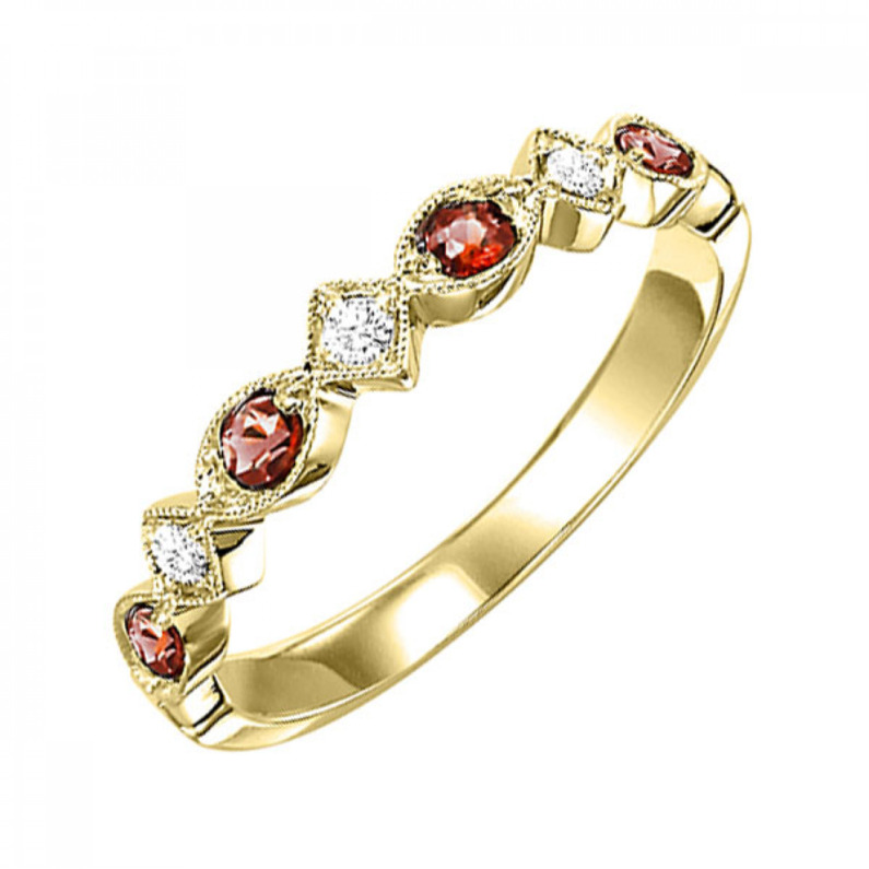 10K YELLOW GOLD STACKABLE RING SIZE 7 WITH 4=0.17TW ROUND GARNETS AND 3=0.05TW ROUND I I1 DIAMONDS   (1.38 GRAMS)