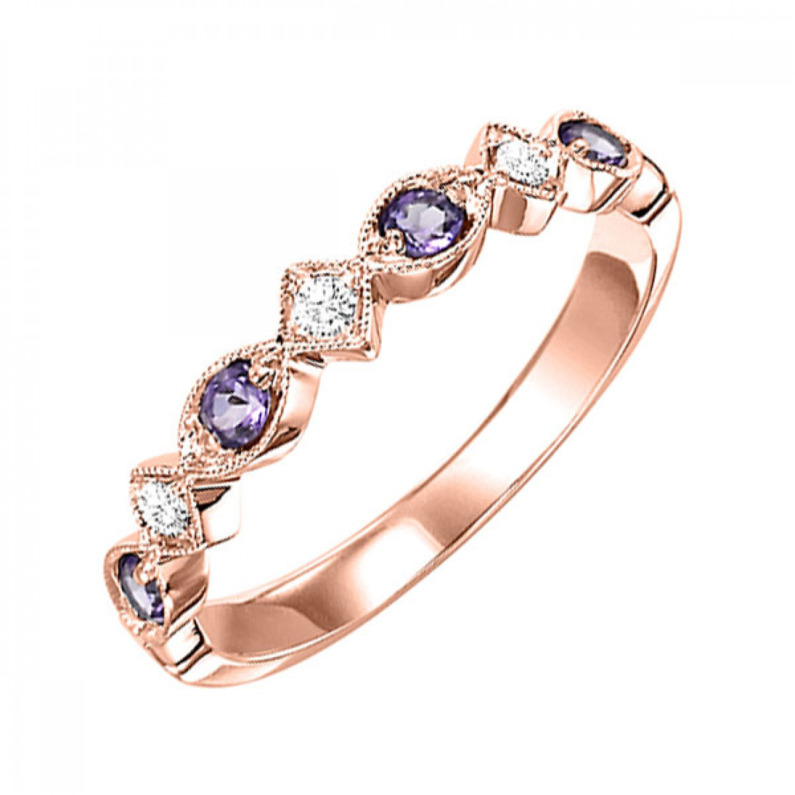 10K ROSE GOLD STACKABLE RING SIZE 7 WITH 4=0.20TW ROUND AMETHYSTS AND 4=0.05TW ROUND H-I I1 DIAMONDS