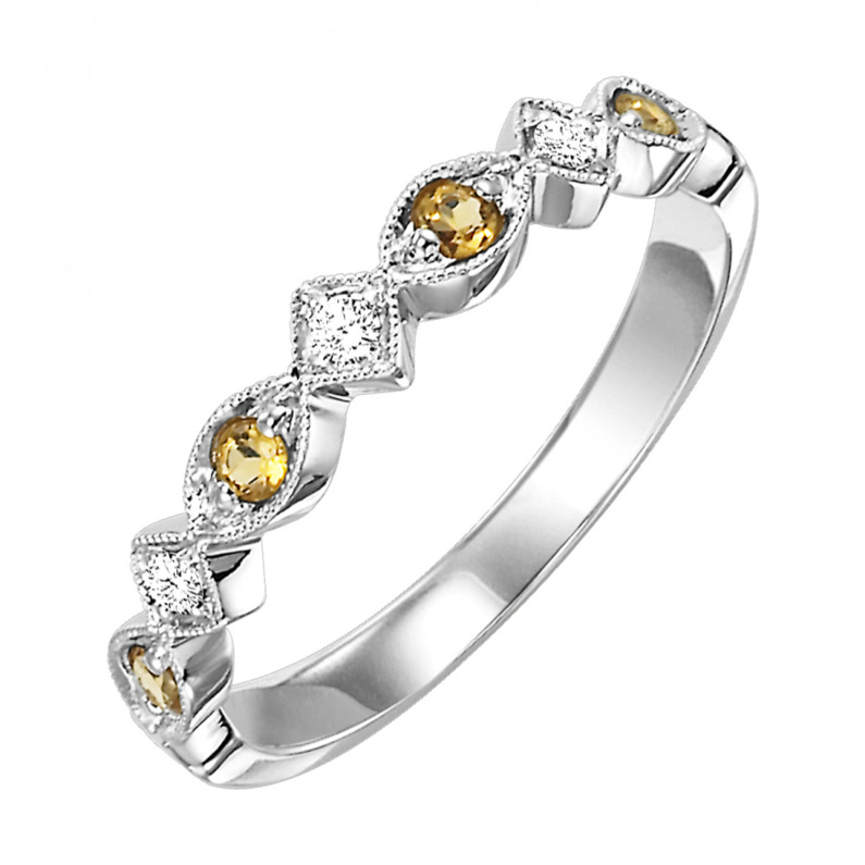 10K WHITE GOLD STACKABLE RING SIZE 7 WITH 4=0.16TW ROUND CITRINES AND 3=0.05TW ROUND I I1 DIAMONDS  (1.29 GRAMS)