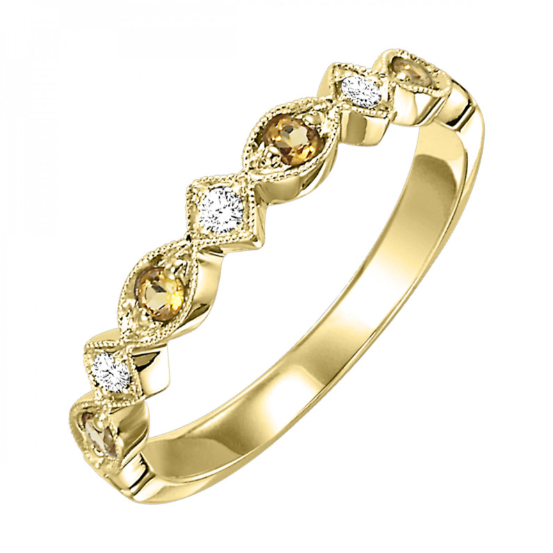 10K YELLOW GOLD STACKABLE RING SIZE 7 WITH 4=0.17TW ROUND CITRINES AND 3=0.05TW ROUND H-I I1 DIAMONDS  (1.40 GRAMS)