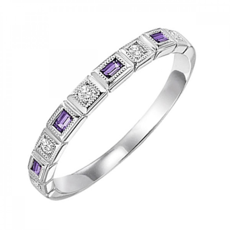 10K WHITE GOLD STACKABLE RING SIZE 6.5 WITH 4=0.06TW BAGUETTE AMETHYSTS AND 5=0.07TW ROUND H-I SI2-I1 DIAMONDS