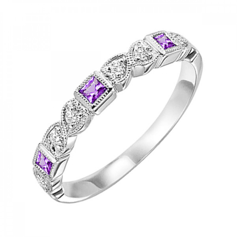 10K WHITE GOLD STACKABLE RING SIZE 7 WITH 6=0.10TW ROUND H-I SI2-I1 DIAMONDS AND 3=0.16TW PRINCESS CREATED ALEXANDRITES