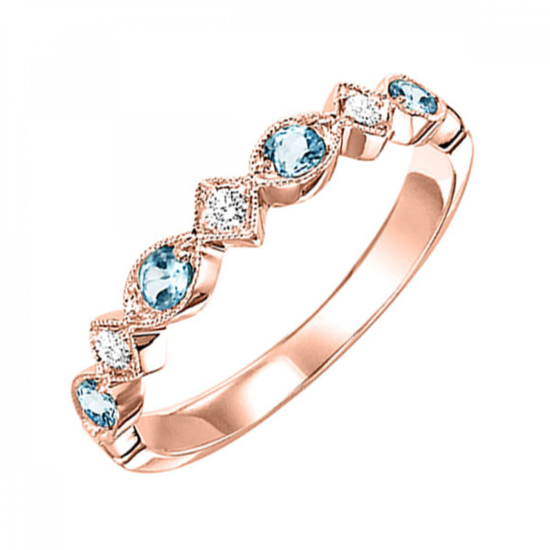 10K ROSE GOLD MILGRAIN STACKABLE RING SIZE 7 WITH 4=0.17TW ROUND AQUAS AND 3=0.05TW ROUND H-I I1 DIAMONDS  (1.35 GRAMS)