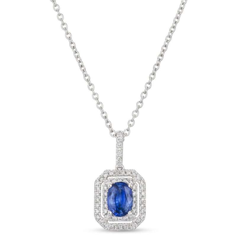 LE VIAN COUTURE COLLECTION PLATINUM DOUBLE HALO PENDANT WITH ONE = 0.70CT OVAL CORNFLOWER SAPPHIRE AND 57 = 0.28TW ROUND G-H SI1 VANILLA DIAMONDS 18