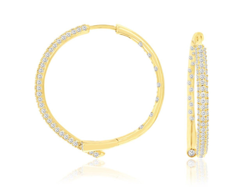 14K YELLOW GOLD HOOP DIAMOND EARRINGS WITH 212=2.00TW ROUND H-I SI2-I1 DIAMONDS   (8.28 GRAMS)