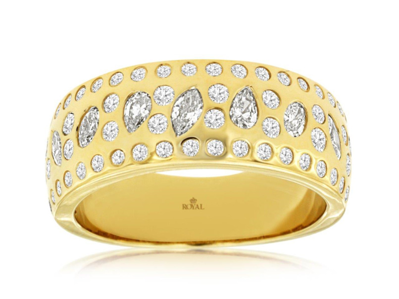 14K YELLOW GOLD DIAMOND FASHION RING SIZE 7 WITH 63=0.98TW VARIOUS SHAPES (56 ROUND  3 MARQUIS  2 OVAL & 2 PEAR) G-H SI2-I1 DIAMONDS  (7.32 GRAMS)