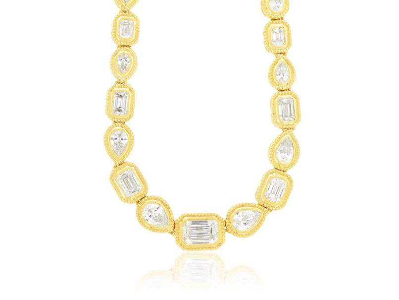 14K YELLOW GOLD MILGRAIN BEZEL DIAMOND NECKLACE WITH 29=2.50TW VARIOUS SHAPES (15  I-J SI2 DIAMONDS  (19.40 GRAMS)