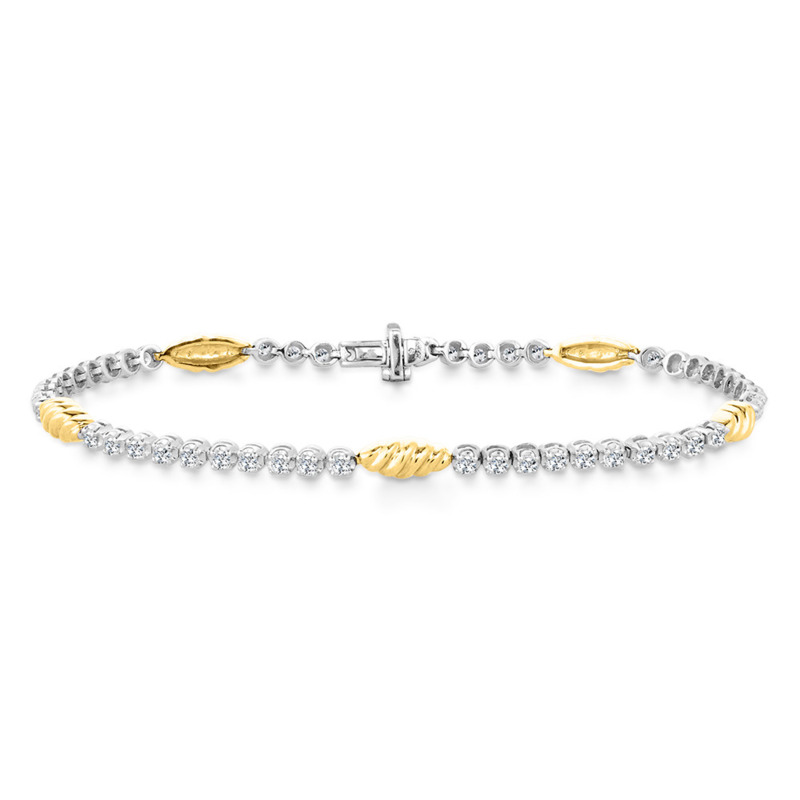 14K YELLOW & WHITE GOLD TENNIS DIAMOND BRACELET WITH 50 = 1.00TW ROUND H-I I1 DIAMONDS   (6.18 GRAMS)