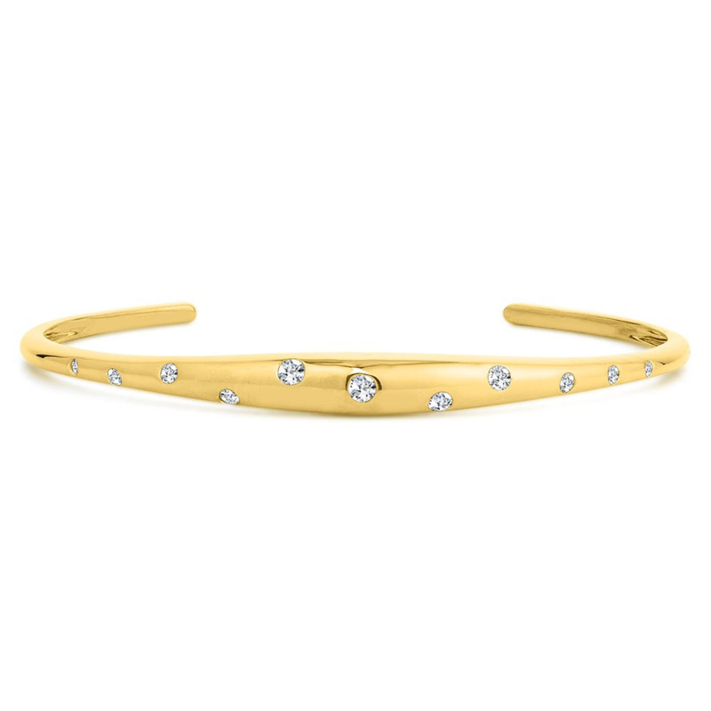 14K YELLOW GOLD BANGLE DIAMOND BRACELET WITH 11 = 0.50TW ROUND H-I SI2-I1 DIAMONDS   (14.05 GRAMS)