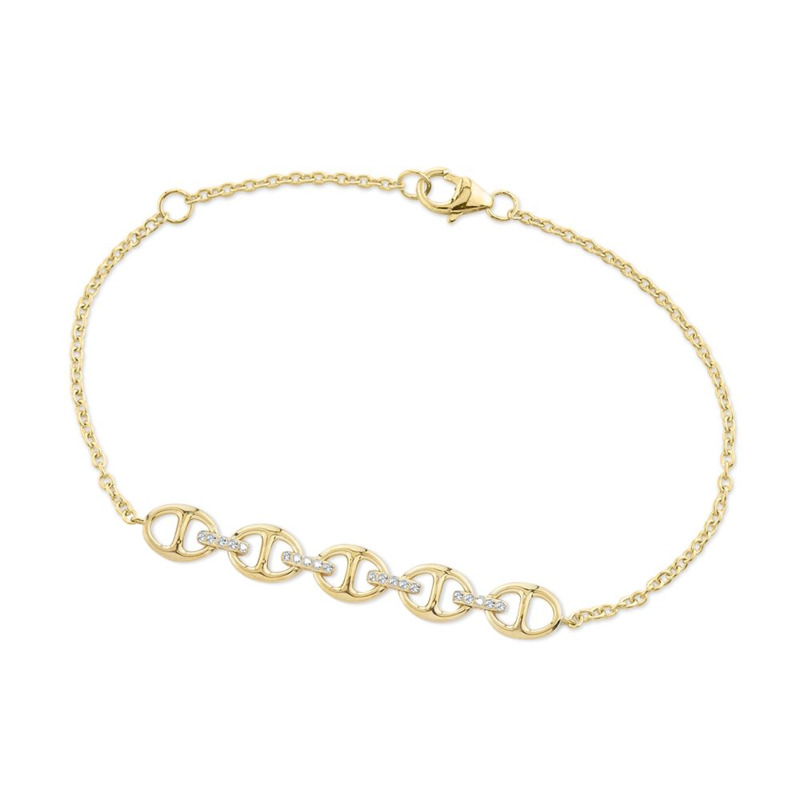 14K YELLOW GOLD MARINER LINK DIAMOND BRACELET WITH 20 = 0.10TW ROUND H-I I1 DIAMONDS WITH CABLE LINK CHAIN (2.20 GRAMS)