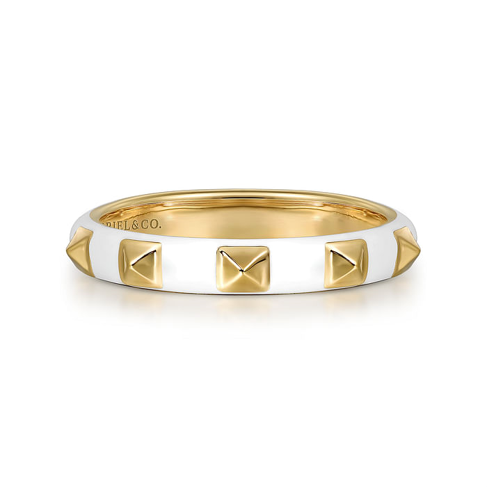 GABRIEL & CO 14K YELLOW GOLD PYRAMID STACKABLE RING WITH WHITE ENAMEL SIZE 6.5