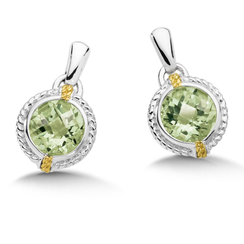 STERLING SILVER & 18K YELLOW GOLD ROPE DROP SILVER EARRINGS WITH 2 = 8.00MM ROUND GREEN AMETHYSTS    (4.02 GRAMS)