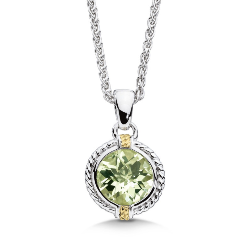 STERLING SILVER & 18K YELLOW GOLD ROPE BEZEL PENDANT WITH ONE = 10.00MM ROUND GREEN AMETHYST 18