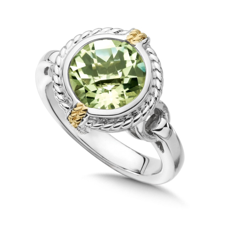 STERLING SILVER & 18K YELLOW GOLD ROPE BEZEL SILVER RING SIZE 7 WITH ONE = 10.00MM ROUND GREEN AMETHYST   (6.75 GRAMS)