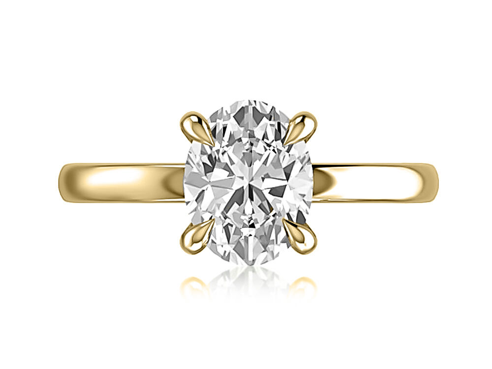 18K YELLOW GOLD SOLITAIRE MOUNTING SIZE 6.5 TO FIIT 2CT OVAL WITH ONE = 0.005CT ROUND DIAMOND ON INSIDE OF SHANK