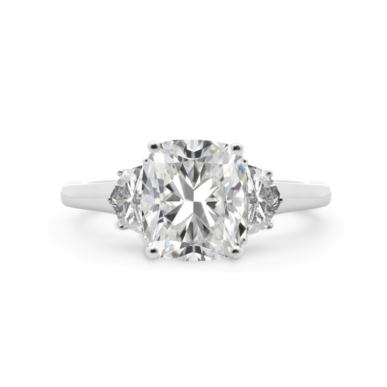 14K WHITE GOLD 3 STONE LAB GROWN DIAMOND RING SIZE 6.5 WITH ONE = 2.54CT CUSHION E VVS2 LAB GROWN DIAMOND AND 2 = 0.60TW BULLET F-G VS2 LAB GROWN DIAMONDS  (3.80 GRAMS)  (LABORATORY-CREATED DIAMONDS CANNOT BE RETURNED OR EXCHANGED BEYOND 30 DAYS.  DUE TO