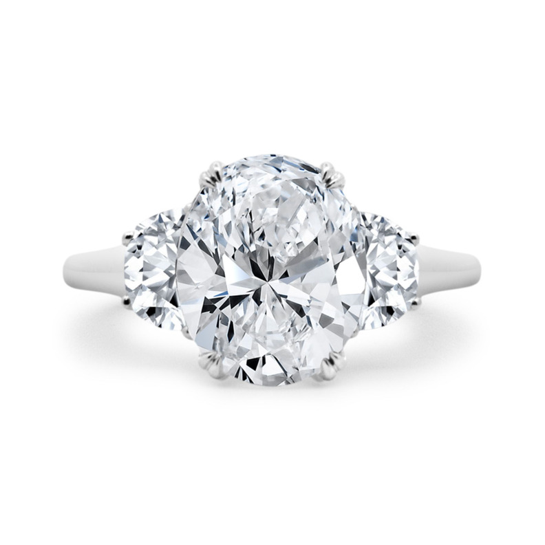 14K WHITE GOLD 3 STONE LAB GROWN DIAMOND RING SIZE 6.5 WITH ONE = 3.01CT OVAL E VS1 LAB GROWN DIAMOND AND 2 = 0.84TW HALF MOON F-G VS2 LAB GROWN DIAMONDS  (4.43 GRAMS)   (LABORATORY-CREATED DIAMONDS CANNOT BE RETURNED OR EXCHANGED BEYOND 30 DAYS.  DUE TO