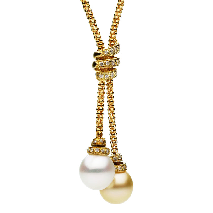 18K YELLOW GOLD LARIAT PEARL STRAND LENGTH 18 WITH 2 = 14.00X15.00MM SOUTH SEA PEARLS AND 31 = 0.33TW ROUND G-H VS2-SI1 DIAMONDS