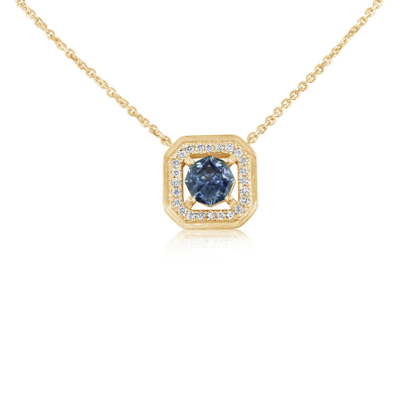 14K YELLOW GOLD SATIN HALO NECKLACE WITH ONE 0.62CT OCTAGON MONTANA SAPPHIRE AND 24=0.14TW ROUND H-I SI2 DIAMONDS 18