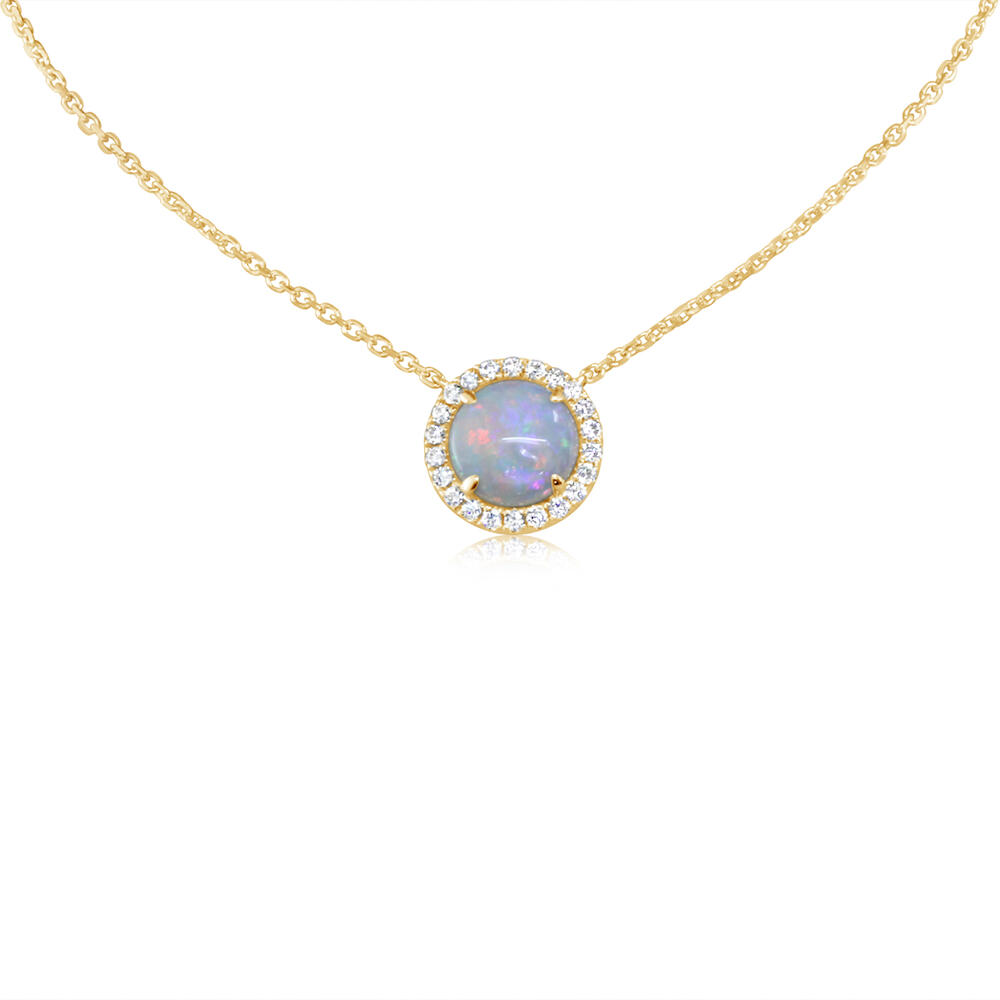 14K YELLOW GOLD HALO NECKLACE WITH ONE 0.65CT CABOCHON ADJUSTABLE OPAL AND 22=0.13TW ROUND H-I SI2 DIAMONDS 18