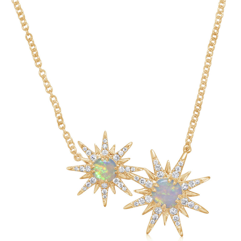 14K YELLOW GOLD STARS NECKLACE WITH 2=0.85TW CABOCHON AUSTRALIAN OPALS AND 48=0.34TW ROUND G-H SI1 DIAMONDS 18