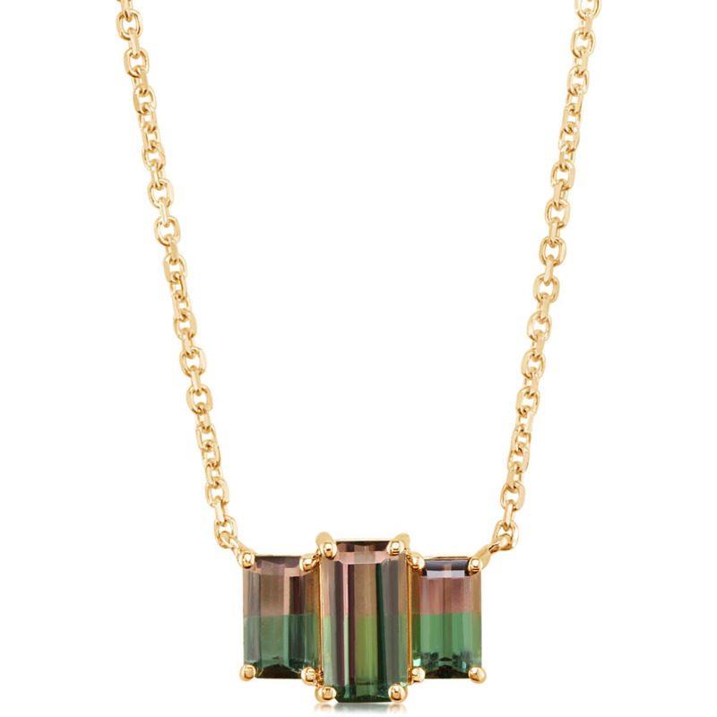 14K YELLOW GOLD 3 STONE NECKLACE WITH 3=1.32TW EMERALD BI-COLOR TOURMALINES 18