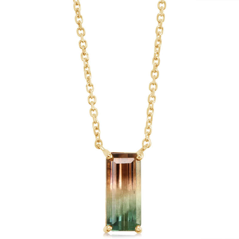 14K YELLOW GOLD SOLITAIRE NECKLACE WITH ONE 1.65CT EMERALD BI-COLOR TOURMALINE 18