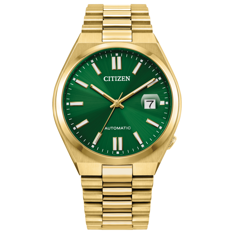 GENTS CITIZEN AUTOMATIC TSUYOSA WATCH GOLD TONE STAINLESS STEEL BRACELET STRAP AND CASE WITH GREEN DIAL