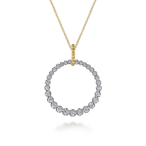 GABRIEL & CO 14K YELLOW & WHITE GOLDBUJUKAN 30MM CIRCLE DIAMOND PENDANT WITH 29 = 1.01TW ROUND I-J SI1-SI2 DIAMONDS