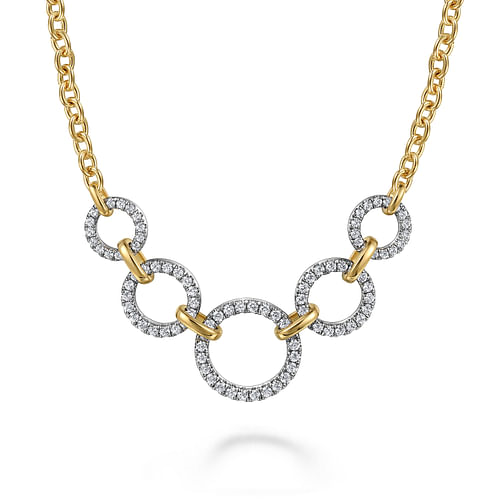 GABRIEL & CO 14K YELLOW & WHITE GOLD CIRCLES DIAMOND NECKLACE WITH 92 = 0.99TW ROUND I-J SI1-SI2 DIAMONDS