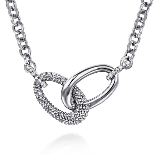 GABRIEL & CO STERLING SILVER LINK CHAIN NECKLACE WITH 14 = 0.24TW ROUND WHITE SAPPHIRES 17