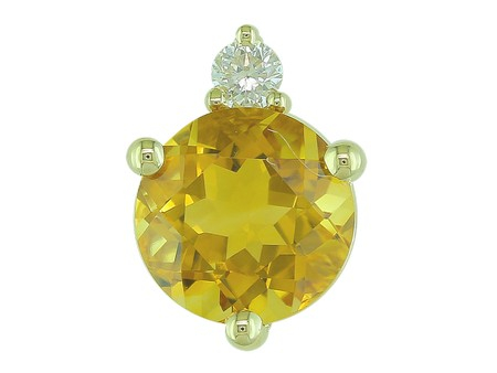14K YELLOW GOLD PENDANT WITH ONE 1.40CT ROUND CITRINE AND ONE 0.06CT ROUND H SI1-SI2 DIAMOND 18