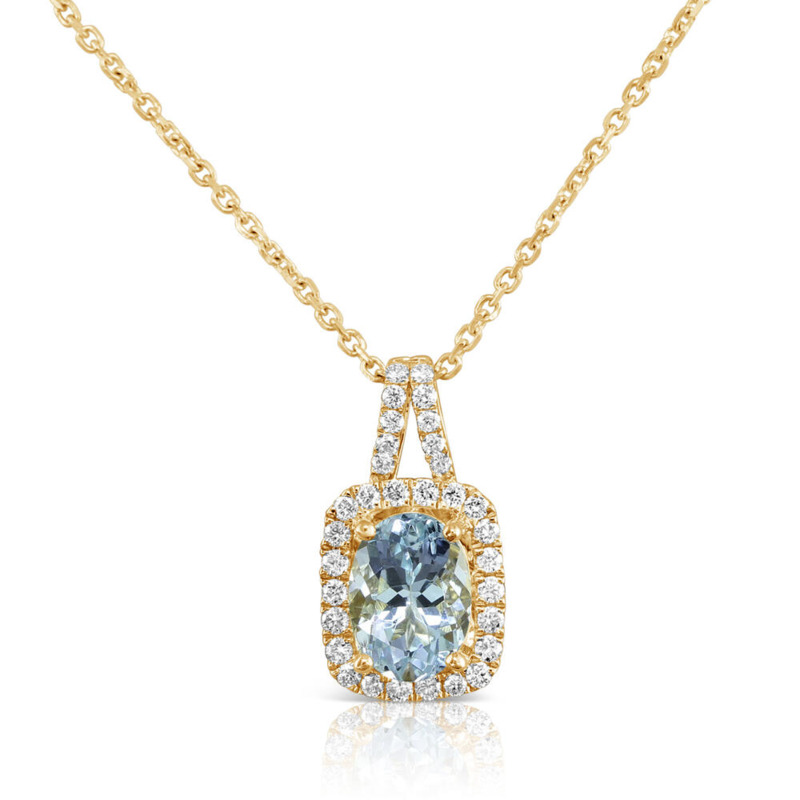 14K YELLOW GOLD HALO PENDANT WITH ONE 0.90CT OVAL AQUA AND 32=0.20TW ROUND G-H SI1 DIAMONDS 18