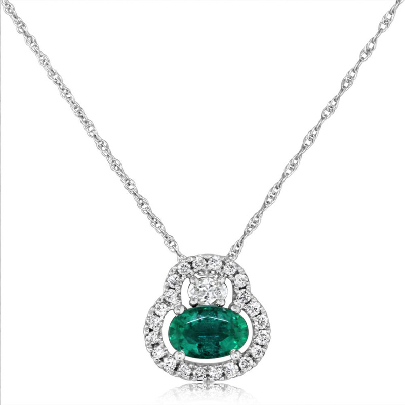 14K WHITE GOLD HALO PENDANT WITH ONE 0.46CT OVAL EMERALD AND 23=0.17TW VARIOUS SHAPES (1 OVAL & 22 ROUND) G-H SI1 DIAMONDS 18