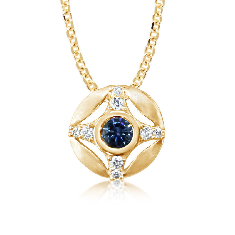 14K YELLOW GOLD SATIN BEZEL PENDANT WITH ONE 0.30CT ROUND MONTANA SAPPHIRE AND 8=0.08TW ROUND H-I SI2 DIAMONDS 18