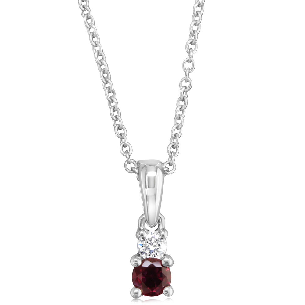 14K WHITE GOLD DROP PENDANT WITH ONE 0.19CT ROUND RUBY AND ONE 0.05CT ROUND G-H SI1 DIAMOND 18