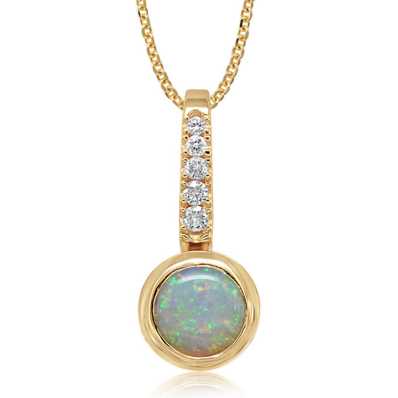 14K YELLOW GOLD BEZEL PENDANT WITH ONE 0.50CT CABOCHON AUSTRALIAN OPAL AND 5=0.07TW ROUND H-I SI2 DIAMONDS 18