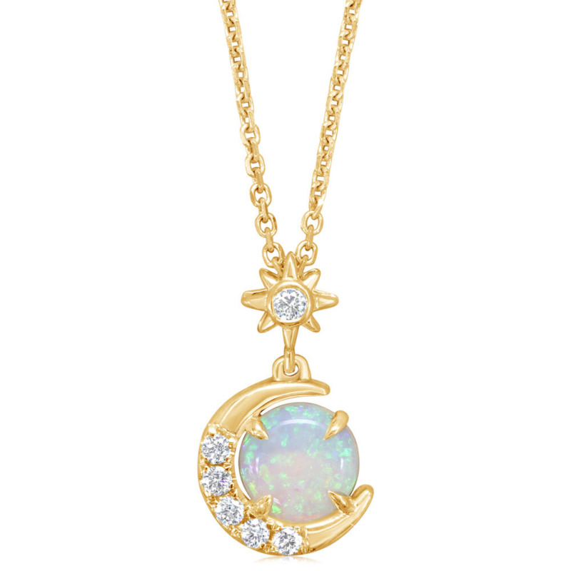 14K YELLOW GOLD MOON & STAR PENDANT WITH ONE 0.54CT CABOCHON AUSTRALIAN OPAL AND 6=0.09TW ROUND G-H SI1 DIAMONDS 18