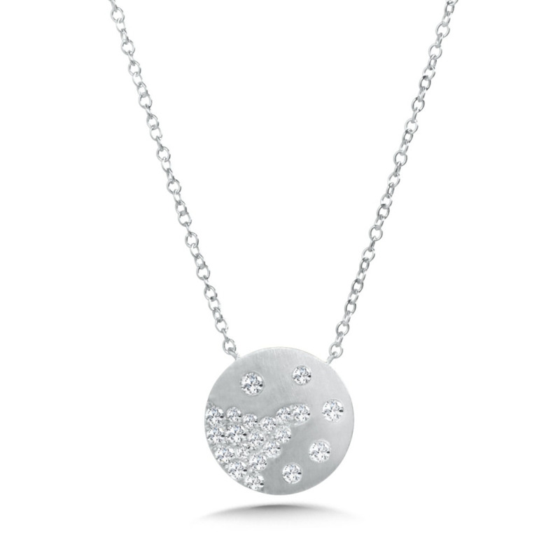 14K WHITE GOLD BRUSHED DISC DIAMOND NECKLACE WITH 21 = 0.28TW ROUND H-I I1 DIAMONDS 18